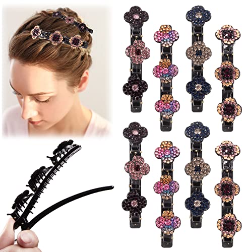 Three Flower Side Hair Clip 8 PCS, Sparkling Rhinestone 3 Flower Hair Clip for Women, No Slip Double Layer Braided Girls Hair Accessories for Bir