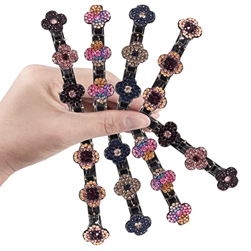 Three Flower Side Hair Clip 8 PCS, Sparkling Rhinestone 3 Flower Hair Clip for Women, No Slip Double Layer Braided Girls Hair Accessories for Bir