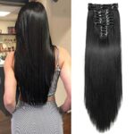 22" Long Straight Clip in Hair Extensions, 180 Gram 12PCS Hair Extensions Synthetic Fiber Full Head Natural Black Clip on Double Weft Hairpieces
