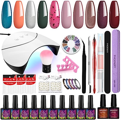 Gel Nail Polish Kit, Phoenixy 10 Colours Soak Off Gel Nail Kit with 36W U V LED Nail Lamp Gel Nail Starter Kit with Manicure Tools Nail Starter G