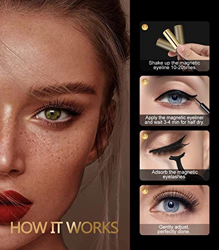 Magnetic Eyelashs Natural Look, Larbois 5 Paires Magnetic Eyelashes with Eyeliner Kit, Self Adhesive&Reusable Fluffy Fake Eyelashes Set and Water