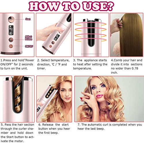 Cordless Auto Hair Curler, Portable Hair Wand Curling USB Rechargeable Anti-Tangle Fast Heat LCD Display with Temps & Timers, Auto Power-off, Ele