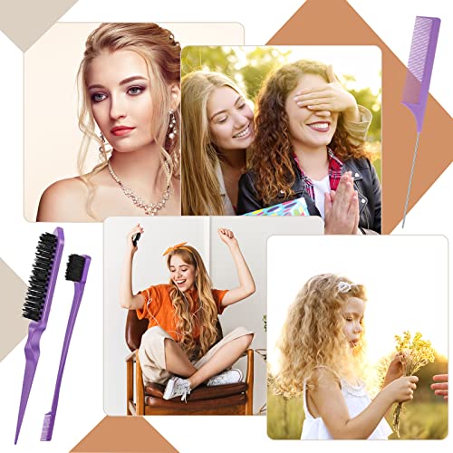 Fuyamp 5 In 1 Slick Brush Set Teasing Brush Set, Plastic Bristle Hair Brush Teasing Comb Edge Hair Brush Grooming Combs Sturdy Rat Tail Comb Doub