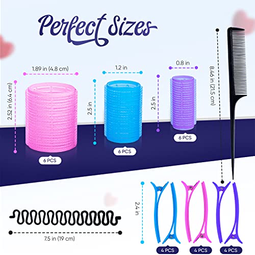 DEALFREE.24 32 PCS Hair Rollers Set - 18 Self Grip Velcro Rollers 25mm, 35mm, 45mm, 12 Curl Clips, 1 Tail Comb and Braiding Hair Device for Struc