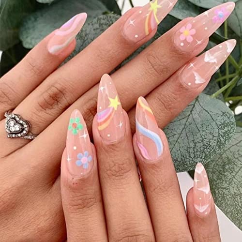 RUNRAYAY Medium Length French Tips Press on Nails with Designs, Nude White Acrylic Nails Press On, Stick on Nails for Women, Glue on Nails Fake N
