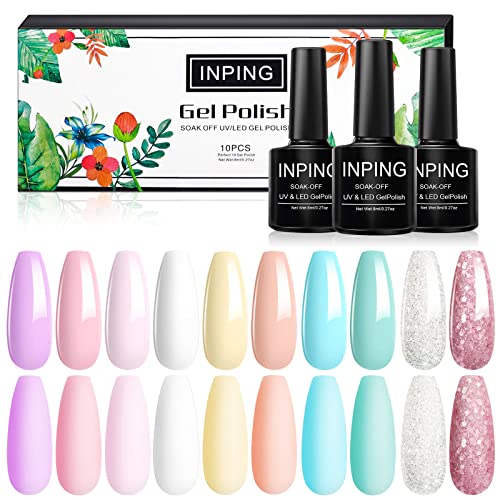 INPING Pastel Gel Nail Polish, 10 Color Spring Summer Nail Polishes Set Candy Macaroon Collection Required Soak Off UV/LED Lamp for Starter DIY N