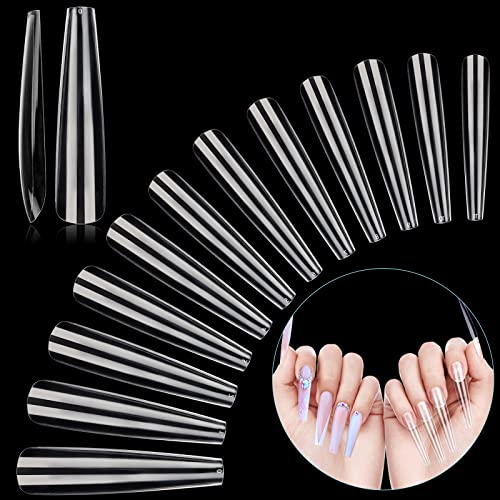 LIONVISON 3XL Extra Long Tapered Square False Nails, 240Pcs Clear Square Straight Fake Nail Tips for Acrylic Nails, 12 Sizes Full Cover Press On