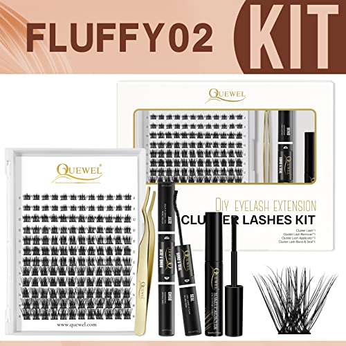 Individual Lashes 240 Cluster-Lashes QUEWEL DIY Lash-Extensions Kit, Clusters Eyelash Applicator, Cluster Lashes Bond and Seal Super Hold, Cluste