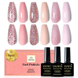 Yueshop Gel Nail Polish Kit- 6 Colors Nude Pink Glitter Sparkle Gel Nail Polish Pink Sparkly Shiny Nail Polish, Soak Off UV Gel Nail Art Manicure