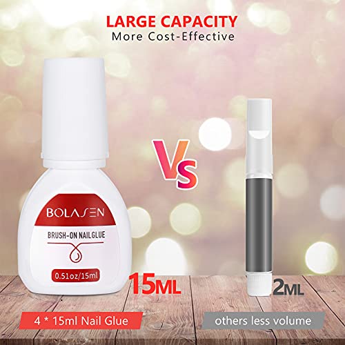BOLASEN False Nail Glue Extra Strong(4*15ml) Super Strong Nail Glue Brush on Nail Glue for Acrylic Tips Extra Strong Acrylic Nail Glue for Broken