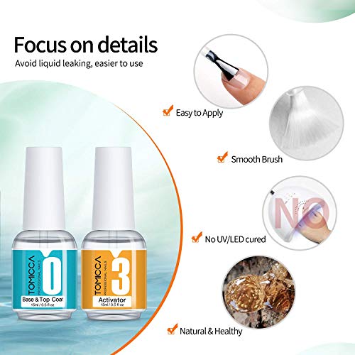 TOMICCA Dipping Top & Base Coat and Activator Large Capacity Liquid Set 2x15ml Dip Powder System Starter Kit No UV/LED Dip Manicure Set of Liquid