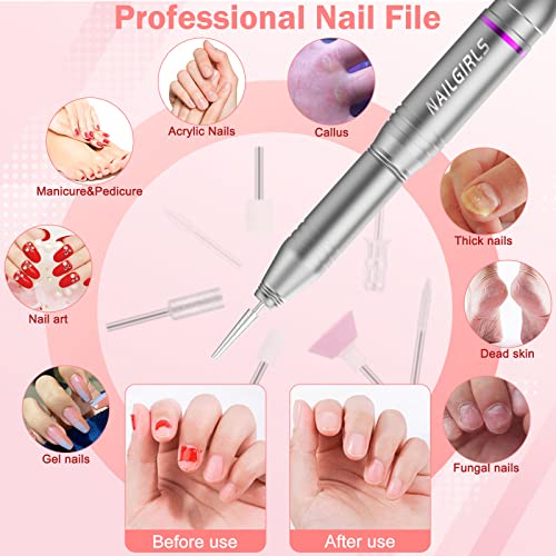 Nail Drill, NAILGIRLS Electric Nail Files, Electric Nail Drill Machine for Acrylic Nails, Portable USB 25000RPM Nail File Drill, Adjustable Speed
