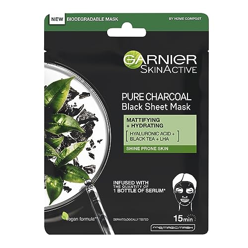 Garnier Pure Charcoal and Algae Sheet Mask, Purifying and Hydrating Face Mask With Hyaluronic Acid, LHA & Black Algae, Tightens Enlarged Pores &