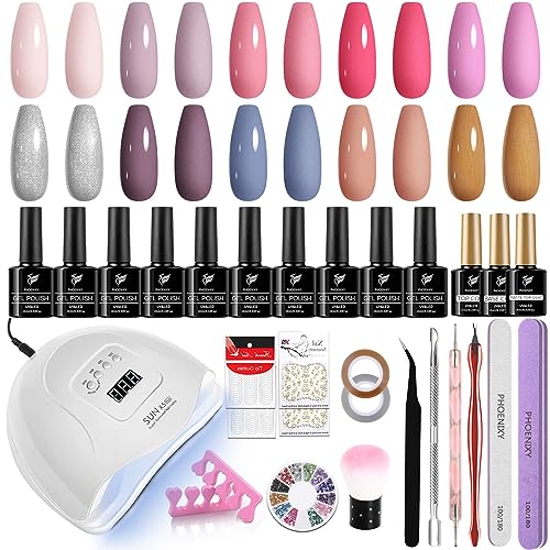 Gel Nail Polish Set, Phoenixy 10 Colors Gel Nail Polish Starter Kit with 80W UV LED Nail Lamp 10ml Nail Polishs Gel Nail Kit Gift Set for Women D