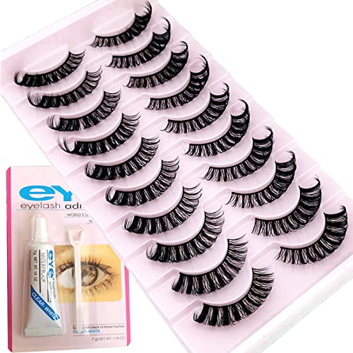 Eyelashes With Glue False Russian Strip Lashes Wispy Fluffy Natural Look Lashes Kit 3D Effect Beauty Fake Eyelashes Extension 10Pairs Pack For La