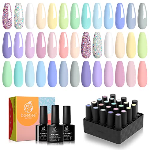 Beetles Gel Nail Polish - 20 Pcs Gel Nail Polish Set Pastel Paradise Soak Off Nail Gel Polish Nude Gray Pink Blue Glitter Gel Polish Starter Kit