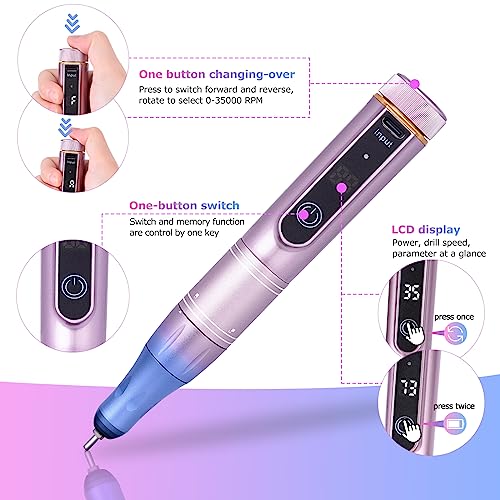 EVILTO Electric Nail Files Cordless, Professional Nail Drill LCD Display With 12 Bits 35 Speed 35000RPM Rechargeable Manicure Pedicure EFile For
