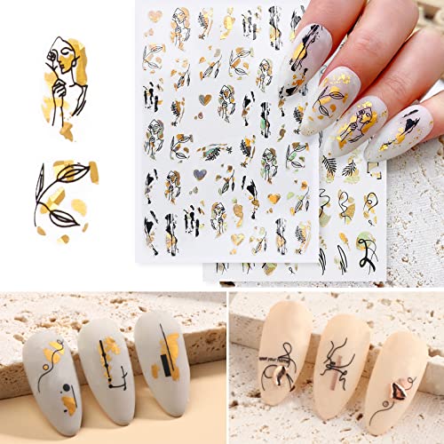 9 Sheets Black Gold Abstract Nail Art Stickers Line Plant Nail Stickers Self-Adhesive Line Leaf Flower Lady Face Leopard Print Nail Decals Sticke