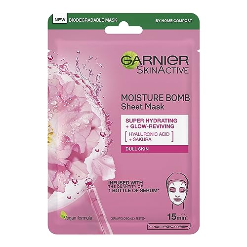 Garnier Moisture Bomb Sakura and Hyaluronic Acid Sheet Mask, Hydrating and Glow Reviving Face Mask For Dull Skin, Biodegradable and Vegan Tissue,