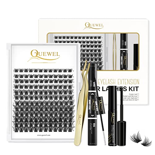 Individual Lashes 240 Cluster-Lashes QUEWEL DIY Lash-Extensions Kit, Clusters Eyelash Applicator, Cluster Lashes Bond and Seal Super Hold, Cluste