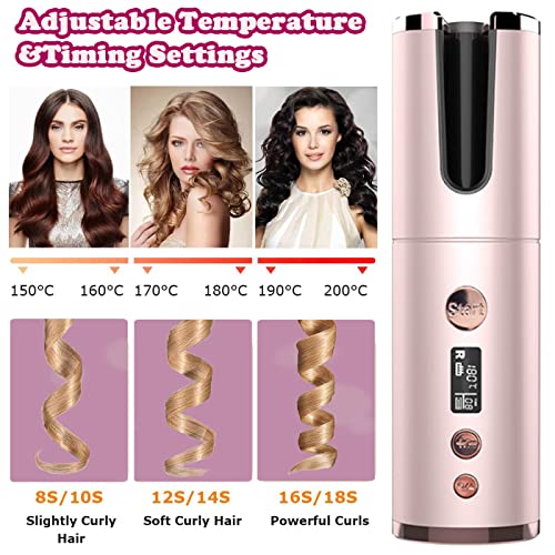 Cordless Auto Hair Curler, Portable Hair Wand Curling USB Rechargeable Anti-Tangle Fast Heat LCD Display with Temps & Timers, Auto Power-off, Ele