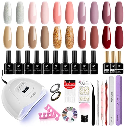 Gel Nail Polish Set, Phoenixy 10 Colors Gel Nail Polish Starter Kit with 80W UV LED Nail Lamp 10ml Nail Polishs Gel Nail Kit Gift Set for Women D