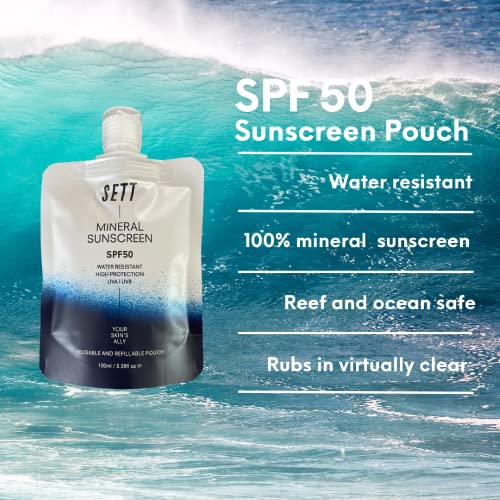 PACK OF 3 - SETT SPF50 Mineral Sunscreen POUCH 100ml. Less Packaging. Water Resistant!