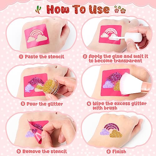 Glitter Tattoos Kit, Temporary Tattoos Set for Kids, 30 Colours Glitter,139 Stencils, 4 Sheets Tattoos Sticks, 5 Brushes, Body Make-up & Nail Art