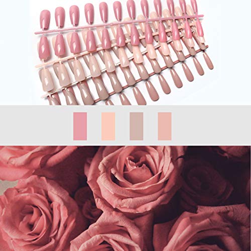 Laza 96 Pcs Colorful Fake Nails 4 Pack Long Ballet Ballerina Coffin Lotus Pink Nude Champagne Full Cover Long UV Coat Artificial Acrylic Nails -