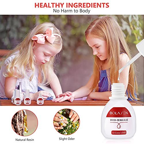 BOLASEN False Nail Glue Extra Strong(4*15ml) Super Strong Nail Glue Brush on Nail Glue for Acrylic Tips Extra Strong Acrylic Nail Glue for Broken