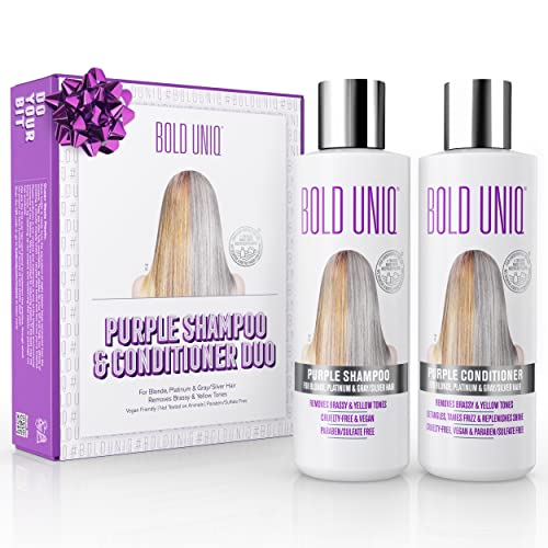 Purple Shampoo & Conditioner Set. Removes Brassy Yellow Tones. Lightens Blonde, Platinum, Ash, Silver & Grays. Moisturizes Dry & Damaged Hair. Pa