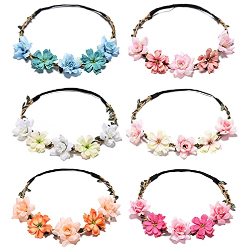 GmeDhc Flower Crown Headbands, 6 Pieces Flower Headbands for Women Girls, Boho Floral Headband Wreath, Floral Headpieces Festival Hair Accessorie