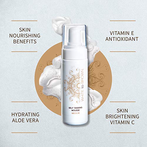 WHITE to BROWN Self Tanning Mousse made with Natural Ingredients. Fast Drying, Easy application for a Long-Lasting, Natural-Looking, Streak-Free