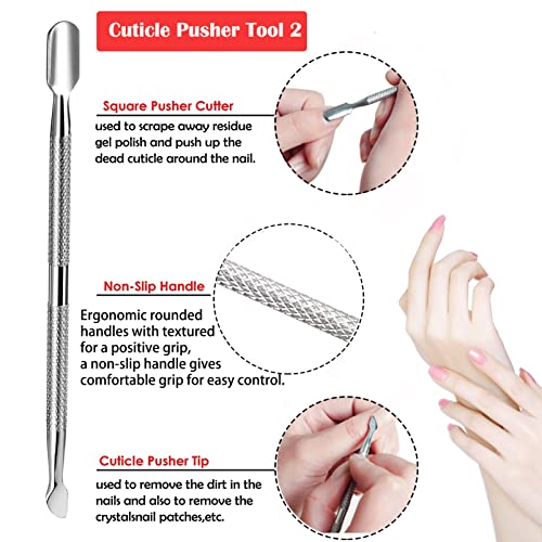 Cuticle Pusher Tool Kit, 2 Pack Stainless Steel Nail Cuticle Cleaner Tool Dual Head UV Gel Nail Polish Remover Tool Nail Art Cuticle Trimmer for
