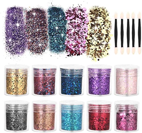 DazSpirit 12pcs Chunky Glitter for Face, Body, and Hair, Glitter Festival Makeup Set - Safe for Body Hair Nail Eye Beauty Makeup Art Decorative f