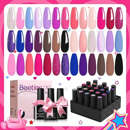 Beetles Gel Nail Polish - 20 Pcs Gel Nail Polish Set Pastel Paradise Soak Off Nail Gel Polish Nude Gray Pink Blue Glitter Gel Polish Starter Kit