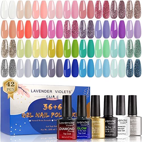 Lavender Violets 36+6 Pcs Gel Nail Polishes Set Neon UV LED Soak Off Varnish With Base,Glossy/Matte/Dimond/Glow-in-the-dark Top Coat Starter Kit