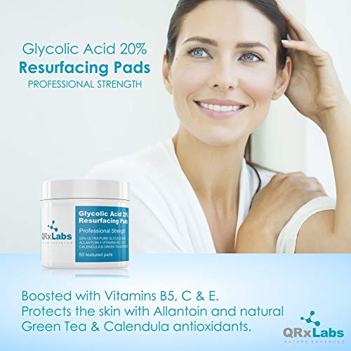 QRxLabs Glycolic Acid 20% Resurfacing Pads With Vitamins B5, C & E, Green Tea, Calendula, Allantoin - Exfoliates Surface Skin And Reduces Fine Li