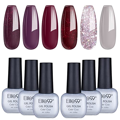 Elite99 Gel Nail Polishes 6 Colors Red Starry Glitter Gel Polish Set Soak Off UV Nail Gel Kit Christmas Nail Salon Set for Salon Studios & Home U