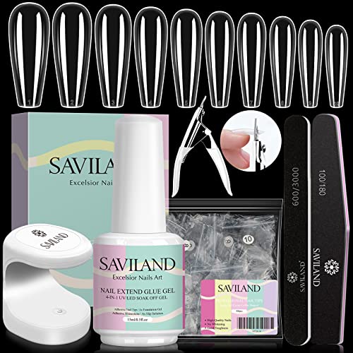 Saviland 15ML Gel Nail Glue - 4 In 1 Extra Strong Nail Glue Gel for Long Lasting Acrylic Nail Tips, Brush on Nail Glue for Broken Nail Extension