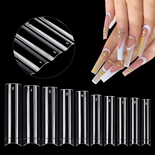 500Pcs XXL Extra Long Nail Tips, No C Curve Clear Square False Nails Professional Set,10 Sizes Ballerina Shaped Straight Fake Nails,Half Cover Pr