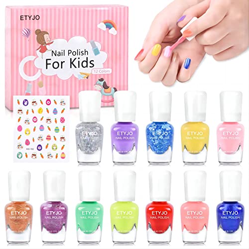ETYJO Kids Nail Polish Set - 12 Rainbow Colors Quick Dry Peel-Off Girls Nail Varnish Sets Kids, Non-Toxic Water-Based Childrens Nail Polish with
