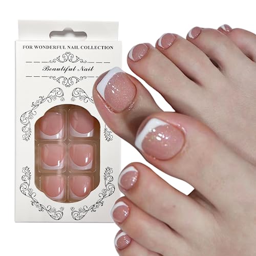 Glitter French False Toenails, Acrylic Press on Toe Nails, White Fake Toe Nails with Glue Sticker Stick on Nails for Toe for Women and Girls Fash