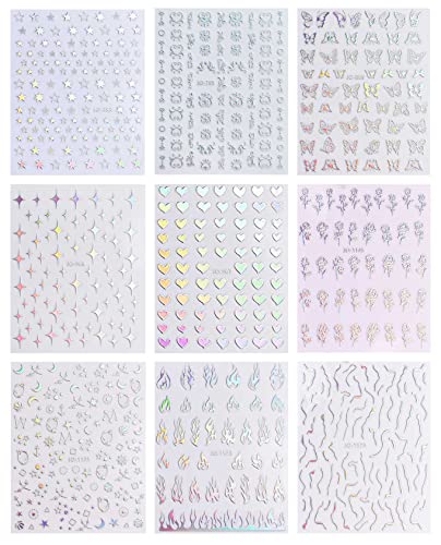 9 Sheets Aurora Holographic Nail Art Stickers Decals Self-Adhesive Heart Flame Stars Butterfly Moon Nail Supplies Nail Art Design Decoration Acce