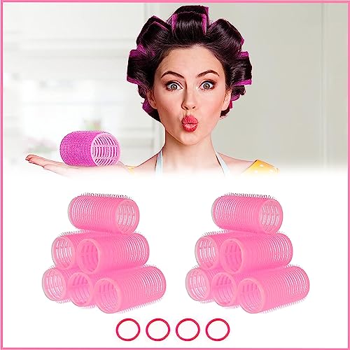 PINK Hair Rollers Pack of 16 with 12 hair rollers Size - 36mm & 4 Hair Band Self Grip Large Hair Rollers for Hair Volume - Medium Hair Curlers Ro