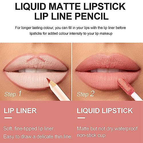 Nude Liquid Lipgloss - Lip Liner and Lipstick Set - Non-Sticky Long Lasting Waterproof Lip Stain - Highly Pigment Lip Stick & Lipliner Pencil - L