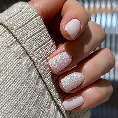 JUSTOTRY 24 Pcs Glitter Square False Nails Medium,Silvery French Press on Nails Pattern, Easy Fake Nails Short with Nail Glue, Stick on Nails for