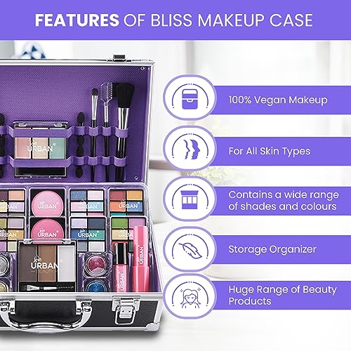 Bliss Makeup Case with Vegan Makeup Products – Complete Makeup Suitcase with Eyeshadow, Blusher, Lipstick, Eyebrow Wax and Powder, Brushes – Alum