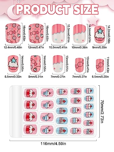 Kalolary 144 PCS 6 Pack Stick on Nails for Kids, Children Nails Press on Pre-glue Full Cover Candy Pattern Short False Nail Kits, Lovely Gift for