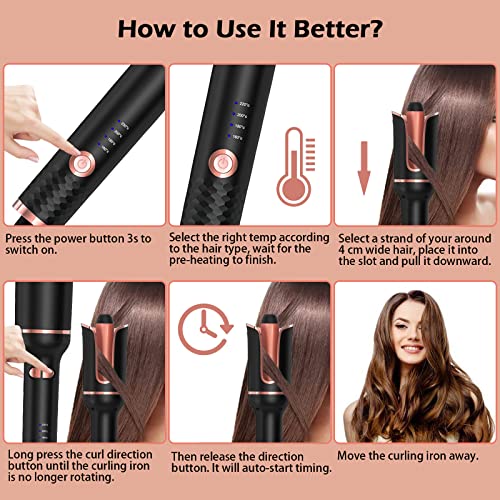 Automatic Curling Iron with 360° Rotating,4-Speed Adjustable Temperature Wand, Fast Heating Ceramic Barrel, Dual Voltage Hair Curlers for Long Sh